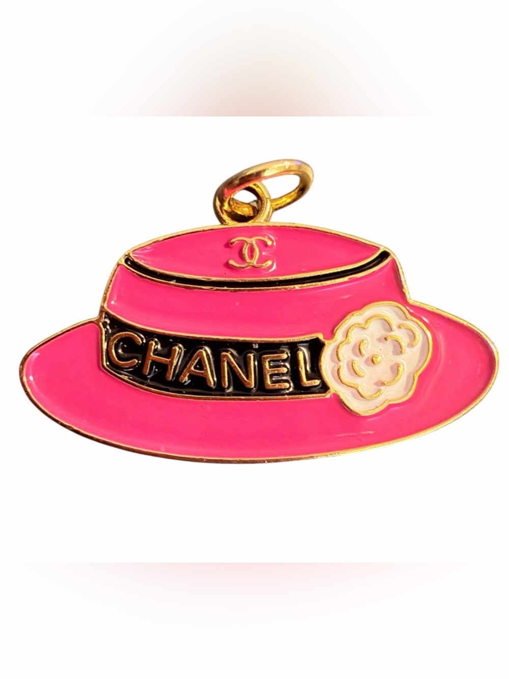 CHANEL Pink Enamel Hat Charm CC Logo Camellia Gold Tone Pendant Bag Charm